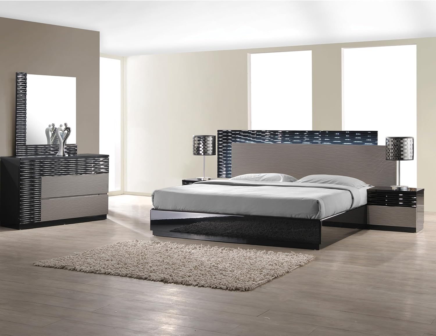 Romania 5-Piece Modern Bedroom Set with Recessed Zebra Gray Headboard, Black Geometric Lacquer Backdrop, LED Platform Bed, 2 Nightstands, Dresser & Mirror, Contemporary Master Suite, (California King)
