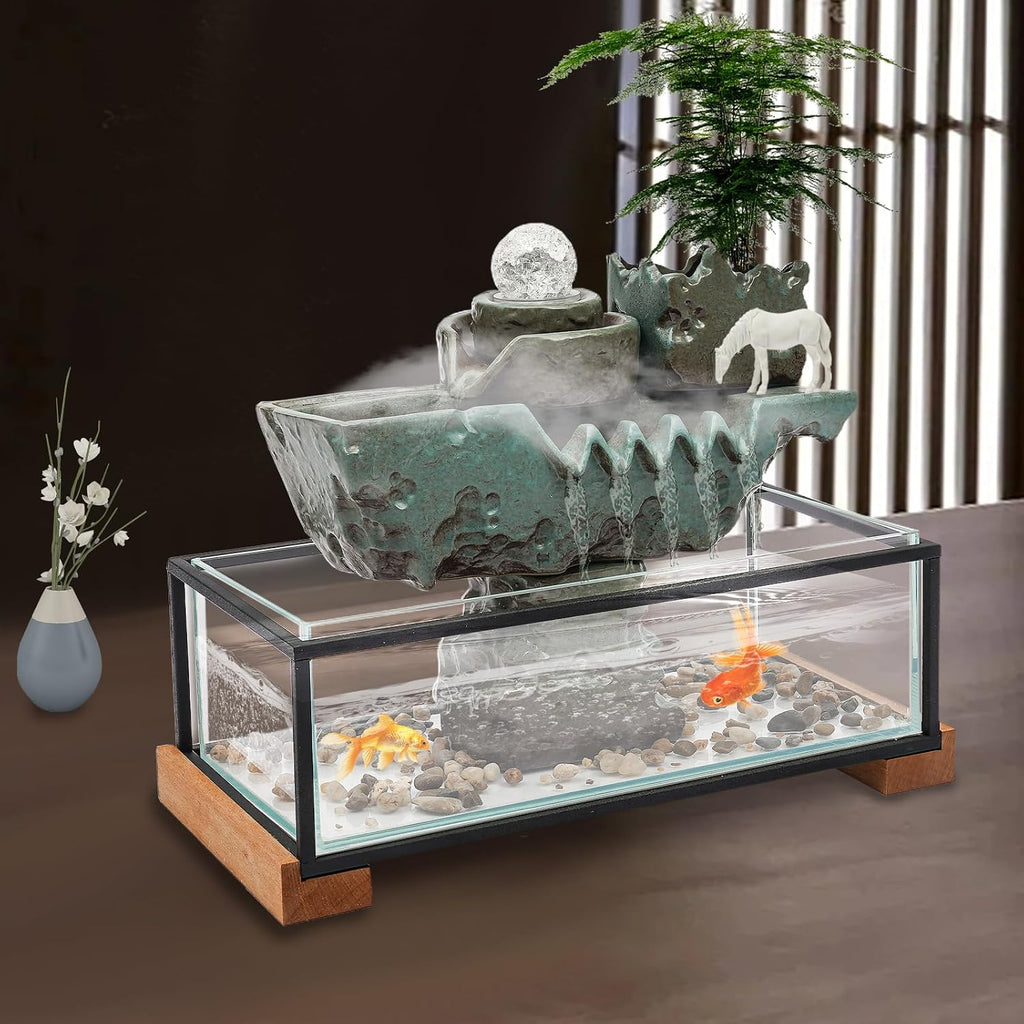 24V 3W Tabletop Eco Fish Tank -Indoor Relaxation Desktop Fountain w/Mist, LED, Artificial Stone Mountain for Meditation and Décoration for Good Luck Wealth