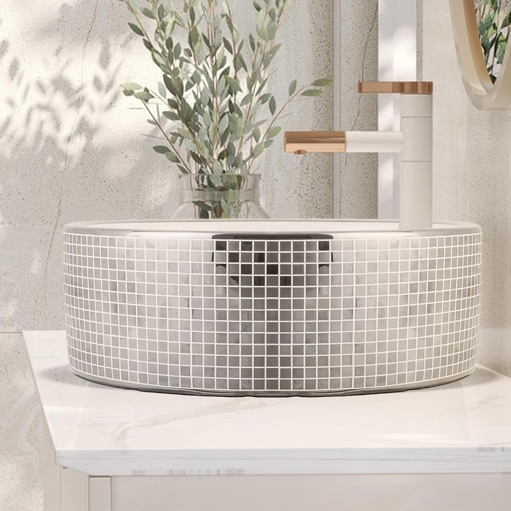 Strictly Sinks 18 Inch Round Silver Vessel Sink - Modern Ceramic Countertop Bathroom Sink with Faucet Mount and Overflow – Easy to Install Above Counter Luxurious Bathroom Vessel Sink