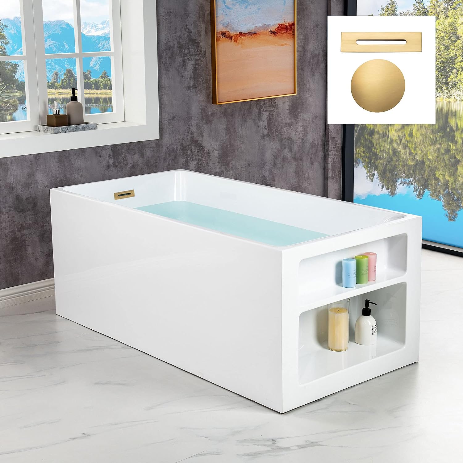 WOODBRIDGE 59' Acrylic Freestanding Bathtub Contemporary Soaking White Tub with Brushed Gold Overflow and Drain，BTA0081-BG-Drain&O