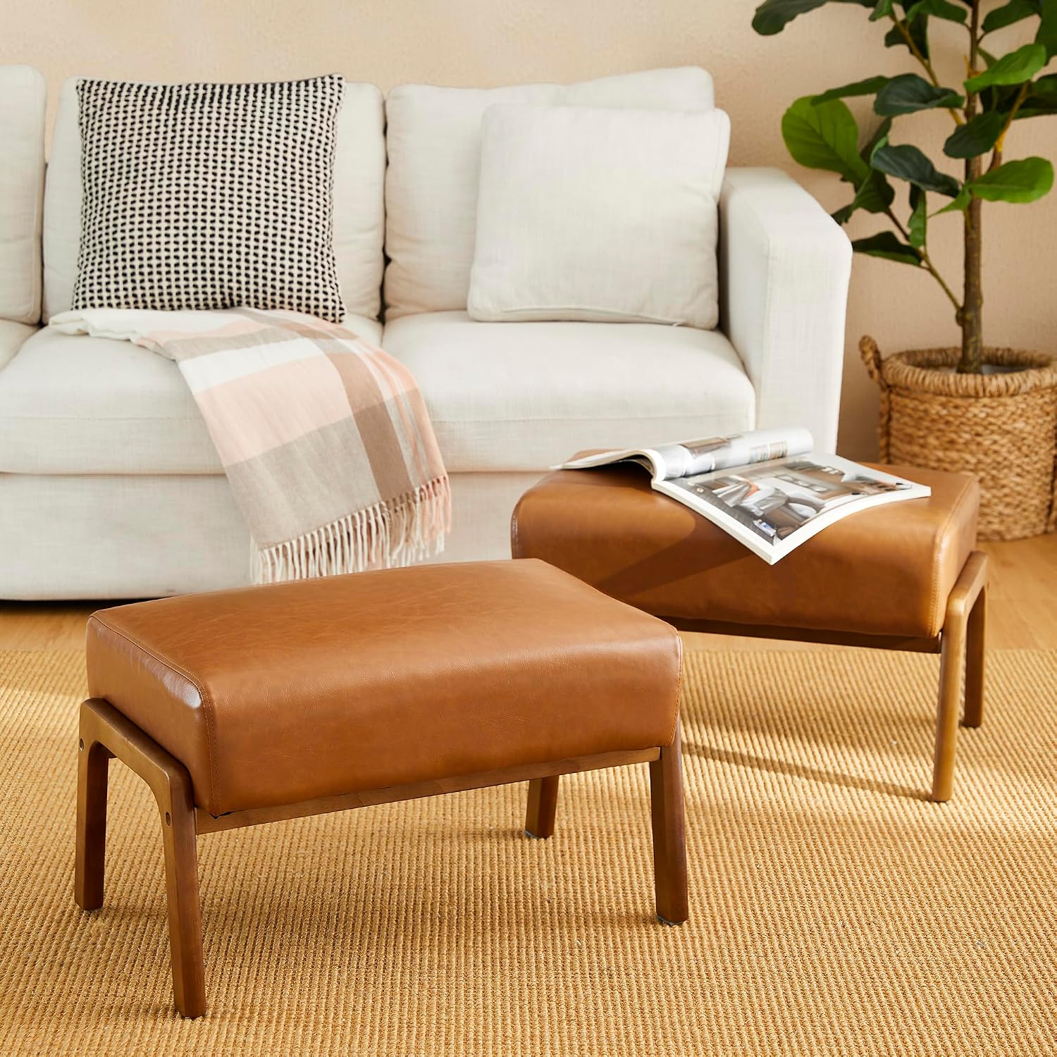 Glitzhome 15.5'(H) Footrest Stool Set of 2, Leatherette Ottoman, Accent Padded Sofa Foot Stool for Accent Chair, Wood Frame Foot Rest Ottoman for Living Room, Bedroom, Yellowish-Brown