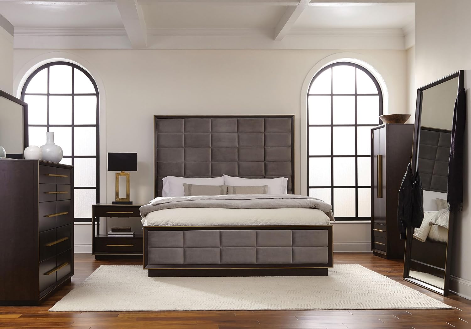 Coaster Home Furnishings Durango Contemporary 4-Piece Bedroom Set Velvet Upholstered California King Size Panel Bed Frame 80-inch Headboard Smoked Peppercorn 223261KW-S4