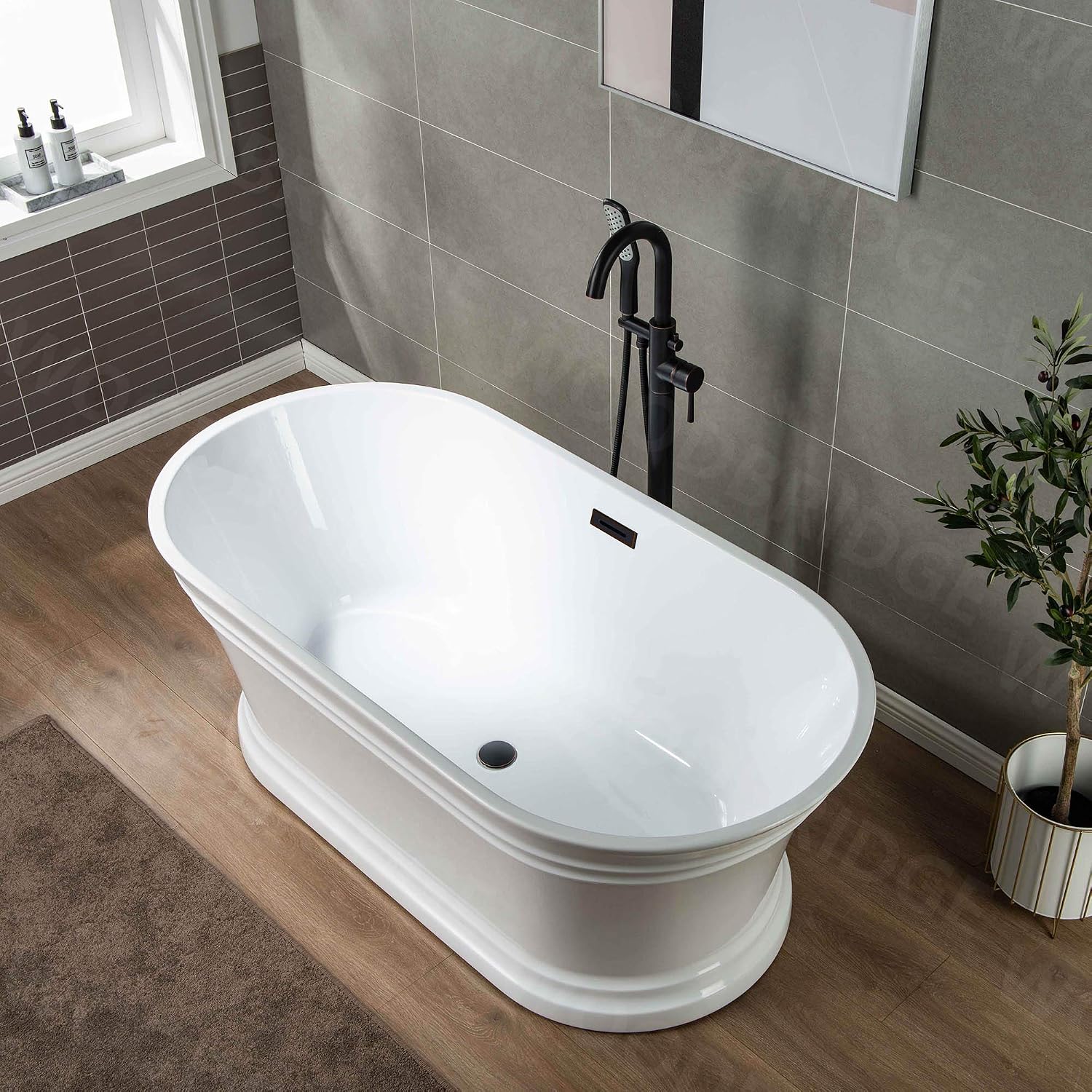 WOODBRIDGE 59'Freestanding White Acylic Soaking Bathtub with White Pillow,Drain and Overflow inORB,BTA1536 -ORB-Drain &O+ Pillow