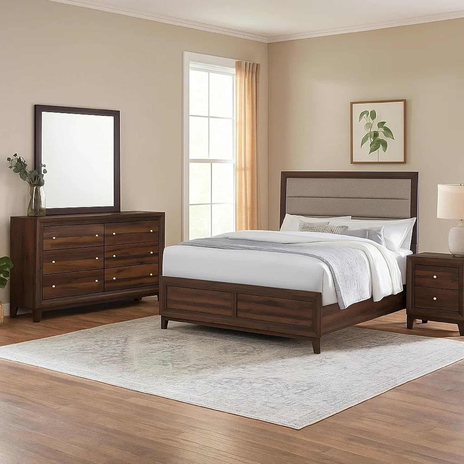 Benzara Yels 4 Piece Queen Bedroom Set, Gray Upholstery, Walnut Brown Wood