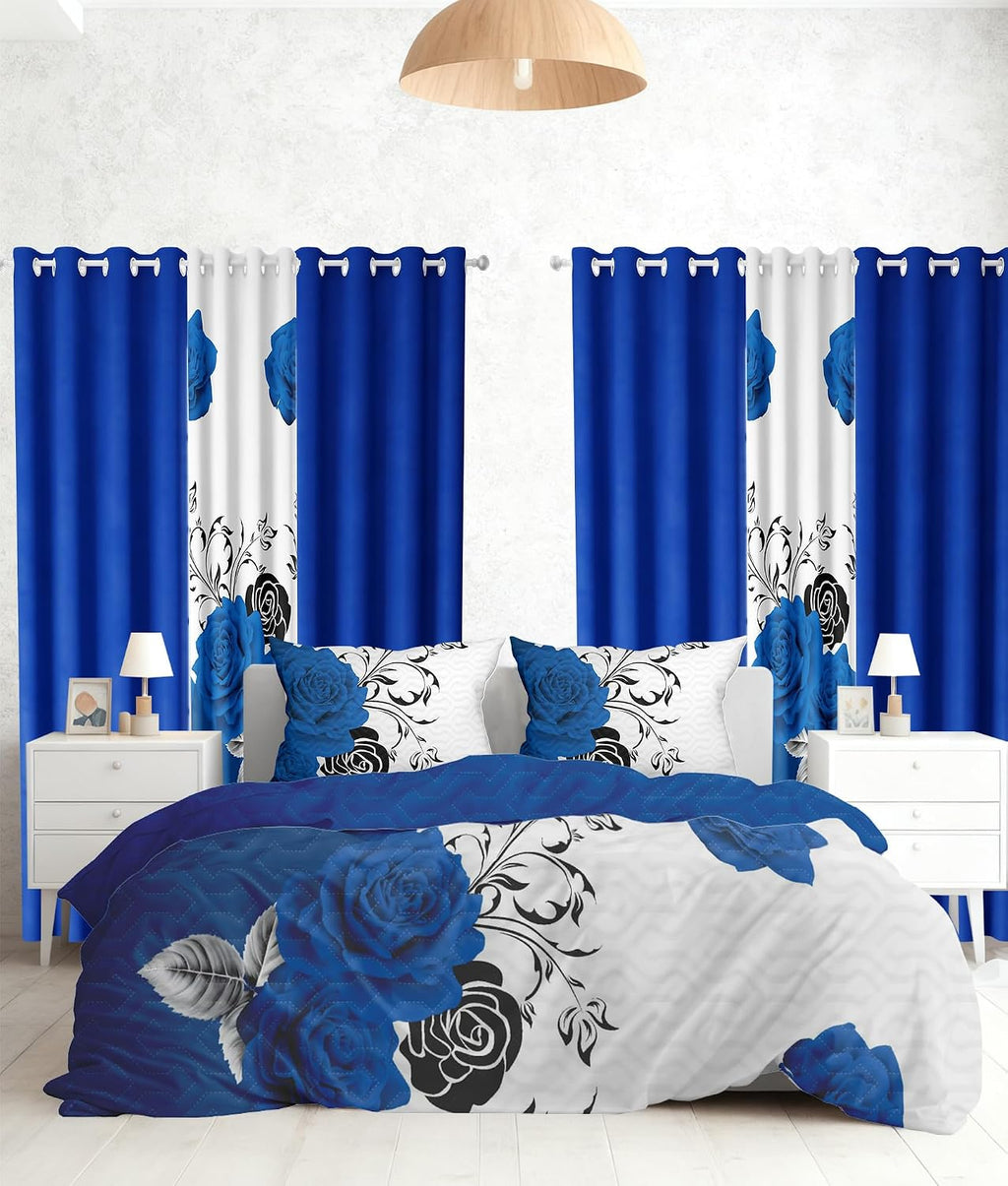 9-Piece Queen Microfiber Bedspreads with Matching Curtains | Blue Rose Matching Curtains and Bedding Sets | Luxe Floral Design