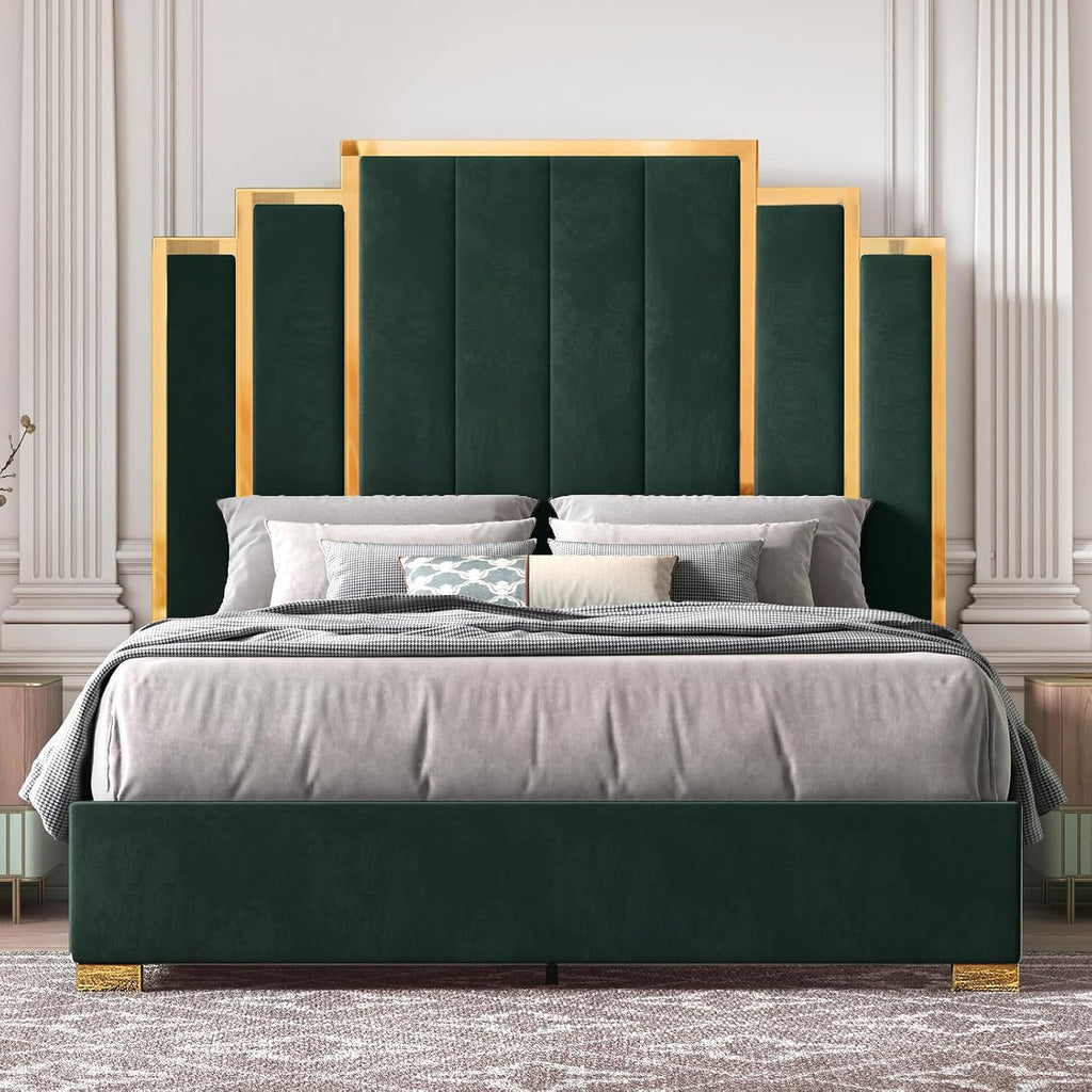 HOWE Queen Size Bed Frame and 61' Headboard, Upholstered Bed with Golden Plating Trim, Modern Platform Bed No Box Spring Needed, Green