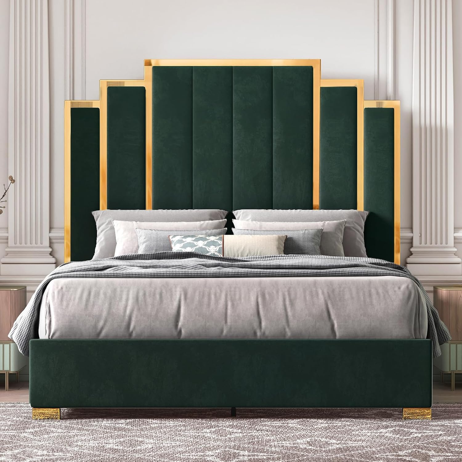 HOWE Queen Size Bed Frame and 61' Headboard, Upholstered Bed with Golden Plating Trim, Modern Platform Bed No Box Spring Needed, Green