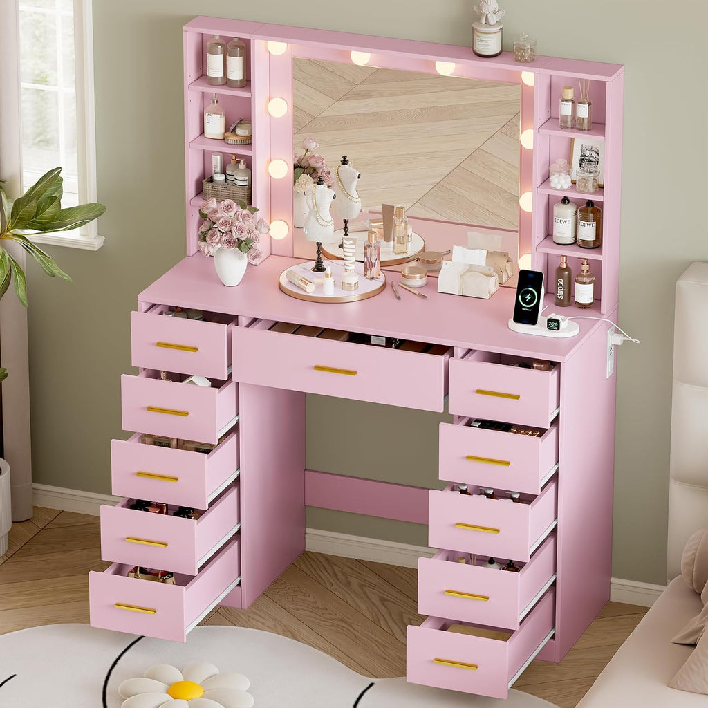 Wodeer Makeup Vanity with Drawers, 43' Pink Vanity Desk with Mirror and Lights, 11 Drawers & 4 Shelves, Power Outlet & Adjustable LED Lights, Dressing Table for Women & Girls Bedroom