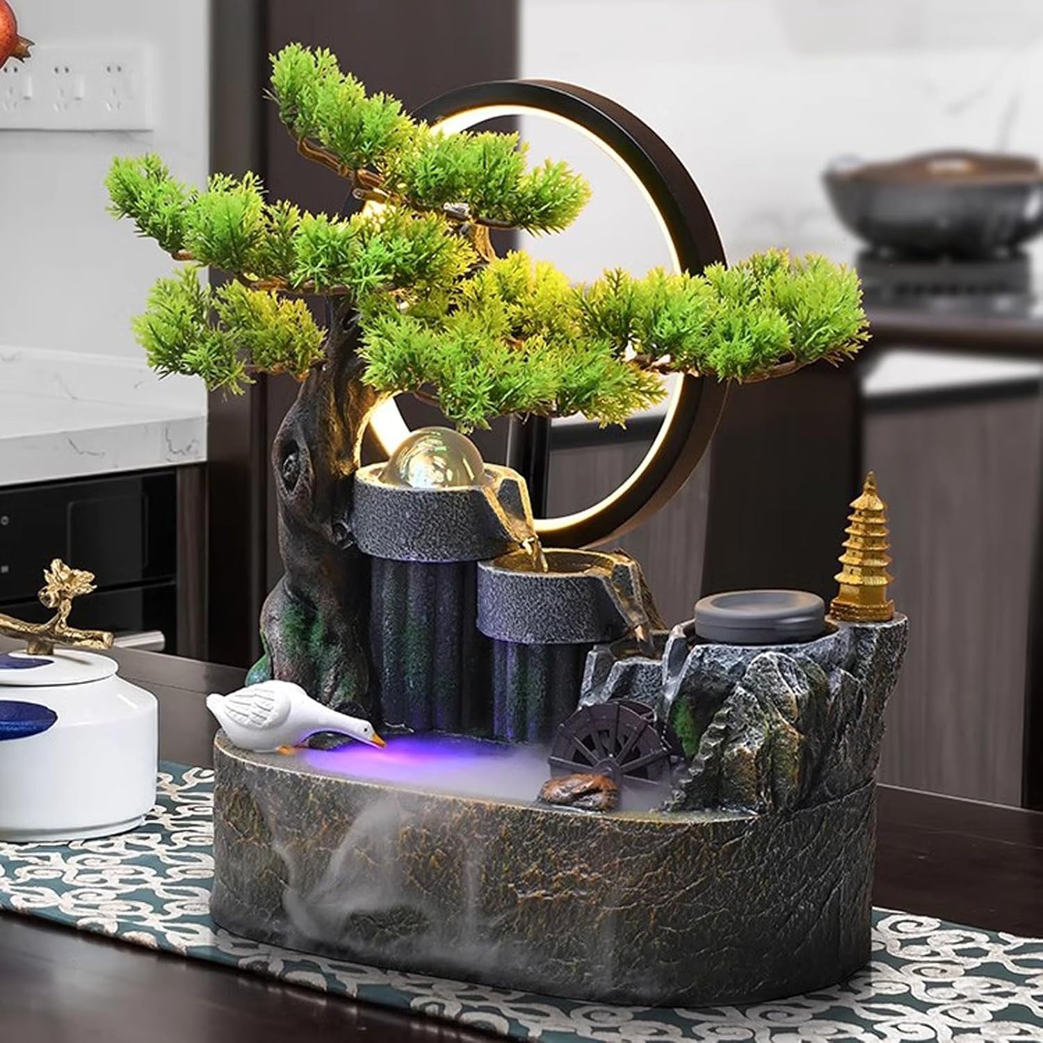Tabletop Fountain Rockery, Flowing Water Bonsai Circular Mountain Fountain Indoor Entrance Living Room Desktop Feng Shui Wheel Decorations Desktop Fountain Decorations Desktop Fountain ( Size : L )
