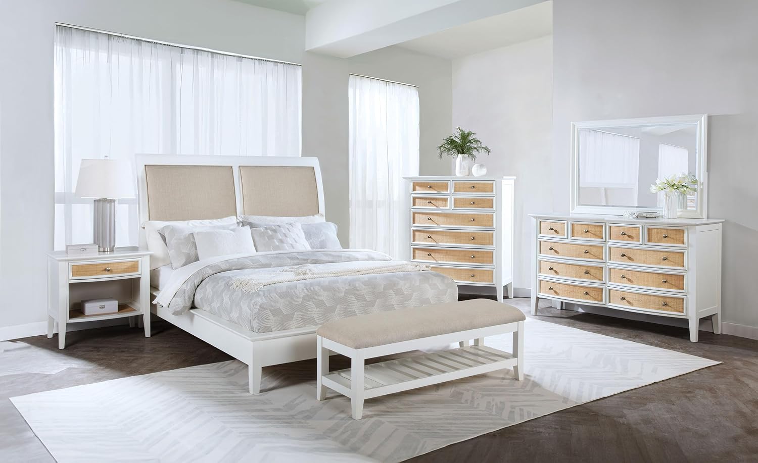 Coaster Home Furnishings Bexhill Farmhouse 5-Piece Bedroom Set Fabric Linen-Like Upholstered Eastern King Size Panel Bed Frame 56-inch Headboard White 223471KE-S5