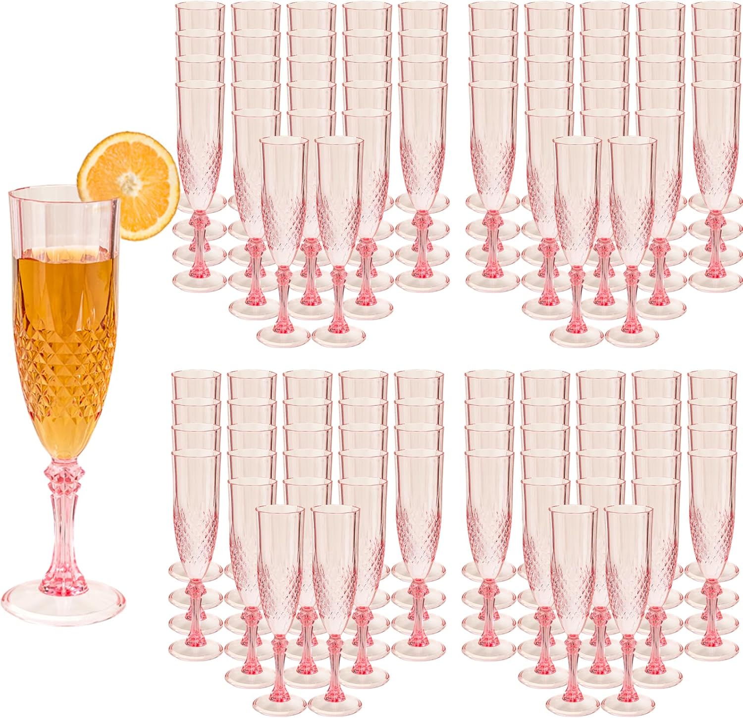 100PCS Plastic Champagne Flutes,7.1Oz Acrylic Pink Wine Glasses Goblets Reusable Drinking Champagne Glasses for Wedding ,Shatterproof and Disposable Cups Plastic Goblets Grand Event Party Supplies