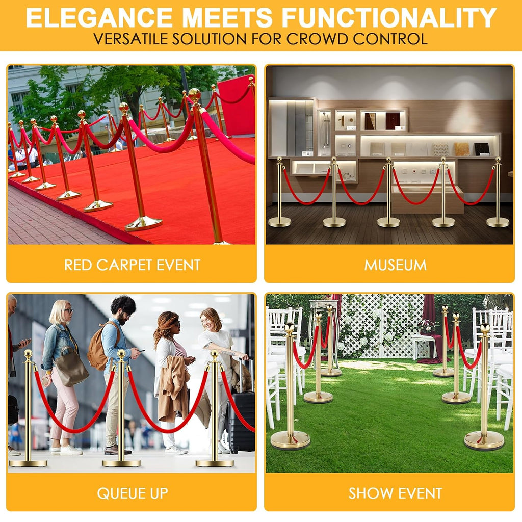 LOVMOR 8 PCS Stainless Steel Stanchion Post Queue 5 ft Red Velvet Rope Red Carpet Ropes and Poles Crowd Control Barriers for Red Carpet Themed Decoration