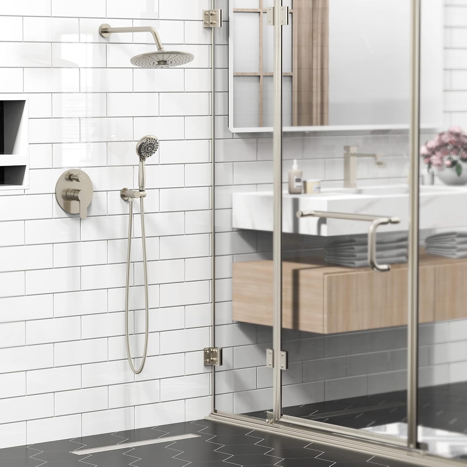 SR SUN RISE 10 Inch Rain Shower System and 3-Function Shower Faucet Set, Wall Mounted Shower System with Rough in Valve and Trims, Brushed Nickel
