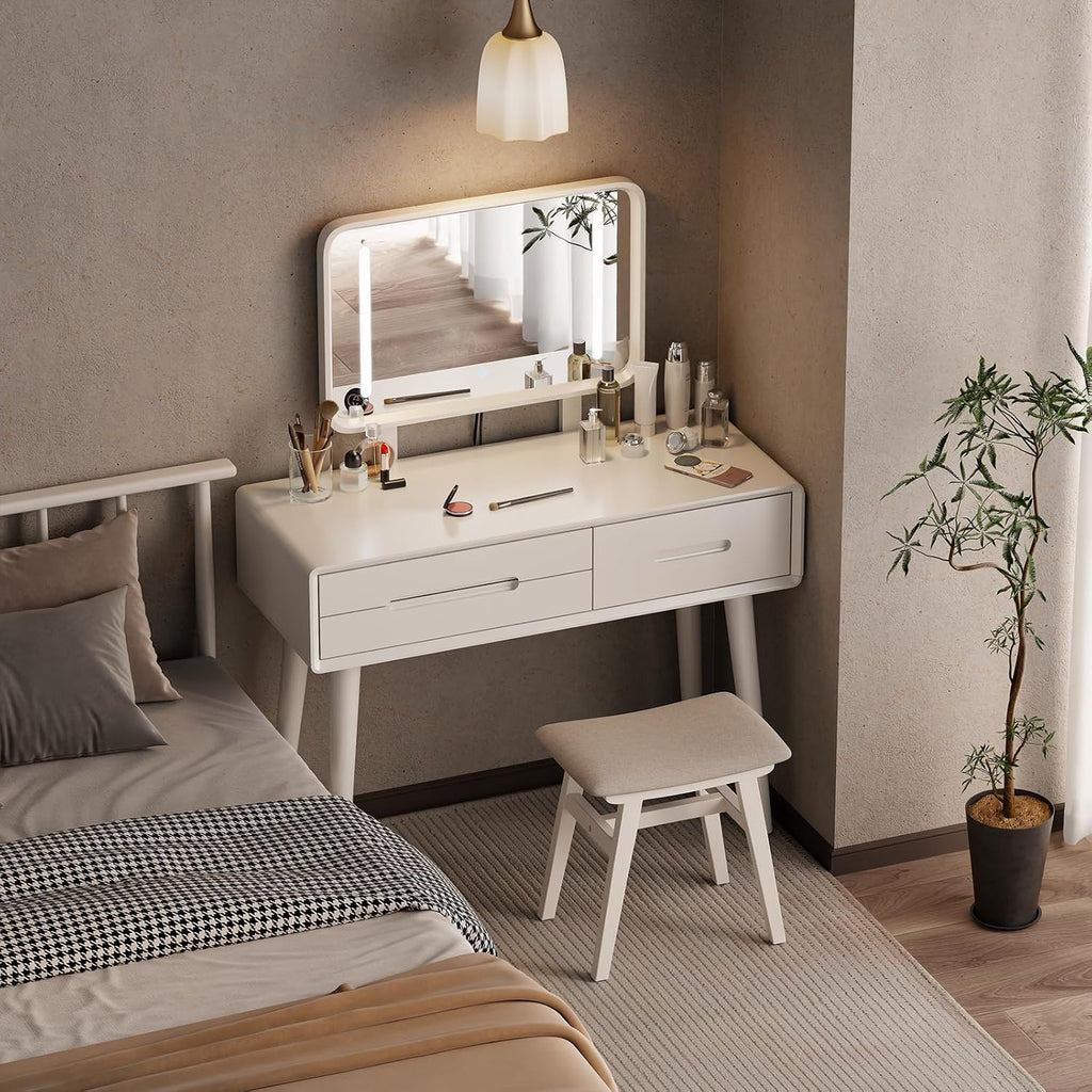 Solid Wood Vanity with Mirror and Lights, Adjustable Brightness, Wood Makeup Vanity with 3 Drawers, Semi-Assembled, Vanity Desk for Bedroom (White)