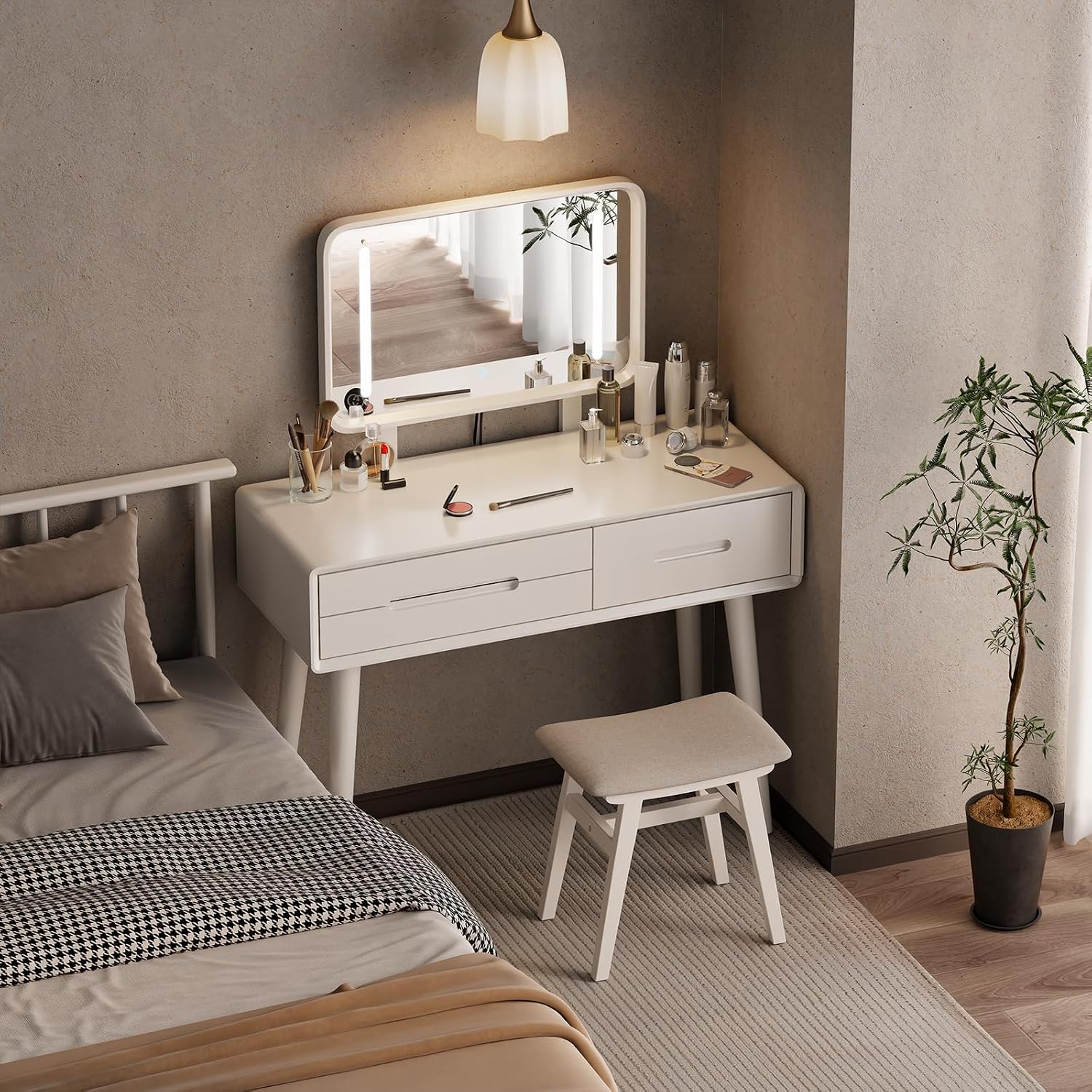 Solid Wood Vanity with Mirror and Lights, Adjustable Brightness, Wood Makeup Vanity with 3 Drawers, Semi-Assembled, Vanity Desk for Bedroom (White)