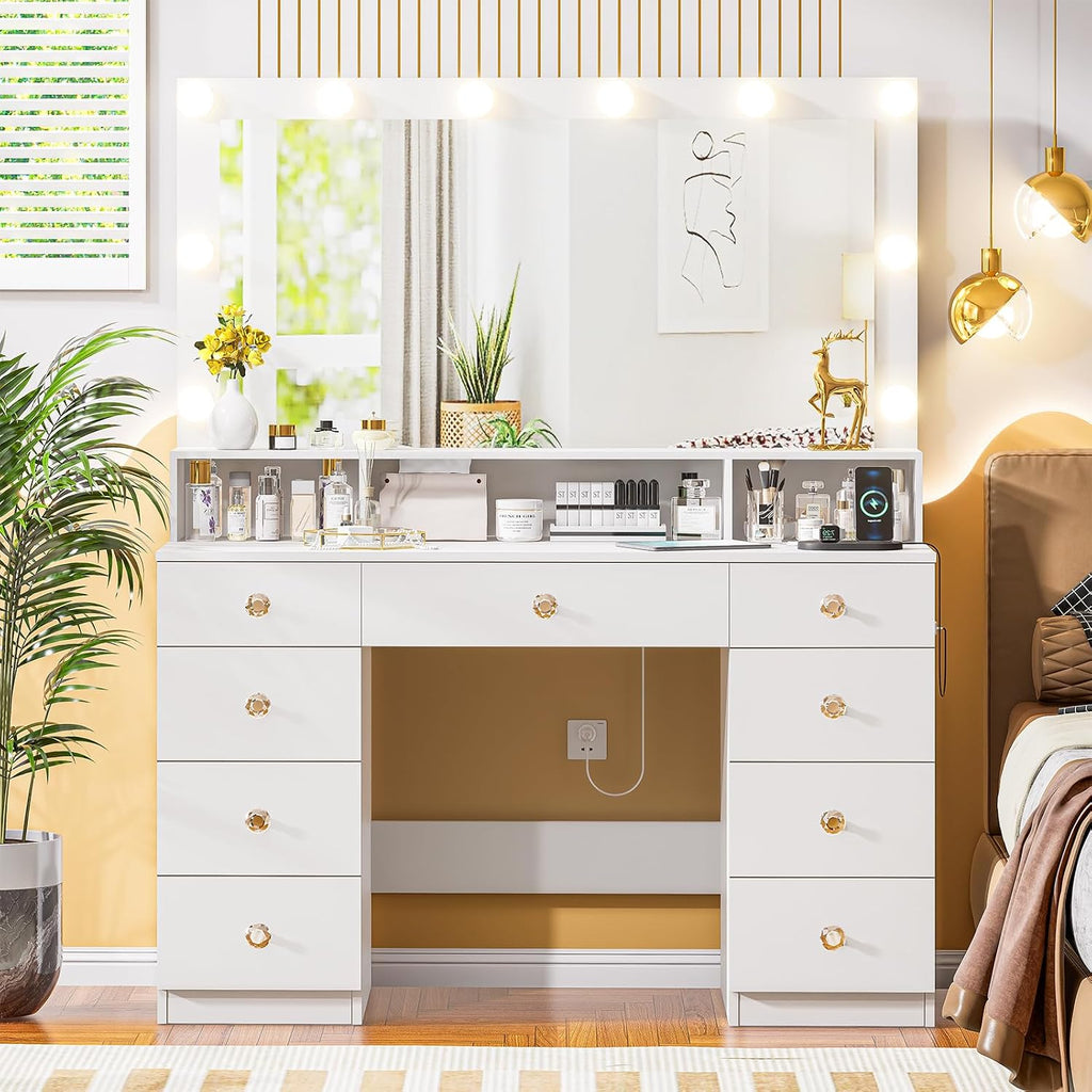 DINGIPP Vanity Desk with Lighted Mirror, Makeup Vanity Table with Power Outlet, 9 Drawers & Crystal Handles, 43.3' Large Vanity Desk Dressing Table for Women, Girls, Bedroom, White