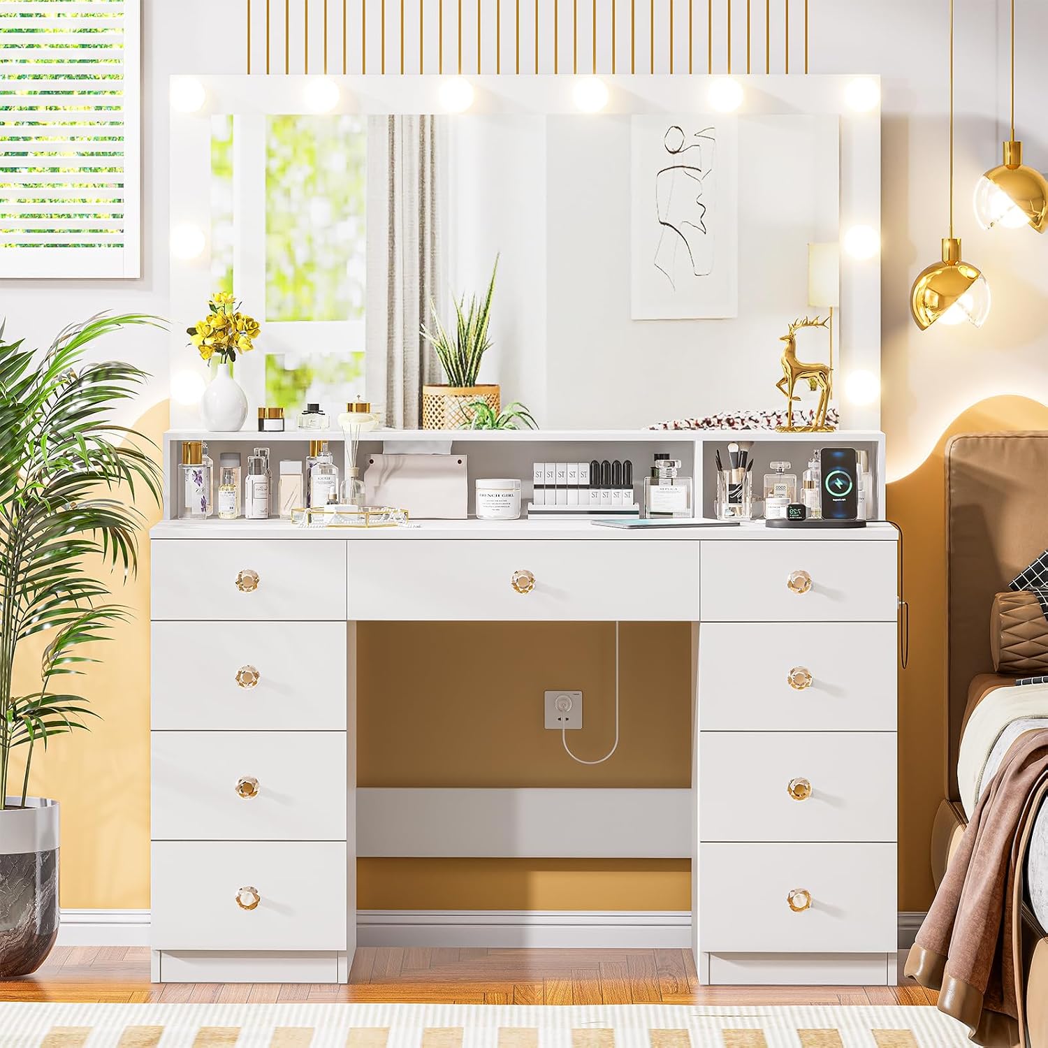 DINGIPP Vanity Desk with Lighted Mirror, Makeup Vanity Table with Power Outlet, 9 Drawers & Crystal Handles, 43.3' Large Vanity Desk Dressing Table for Women, Girls, Bedroom, White