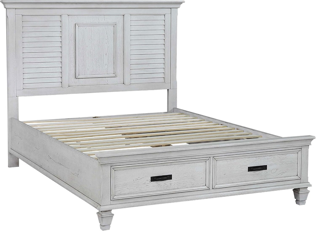 Coaster Home Furnishings Franco Farmhouse 4-Piece Bedroom Set Eastern King Size Storage Panel Bed Frame 57-inch Headboard Distressed White 205330KE-S4