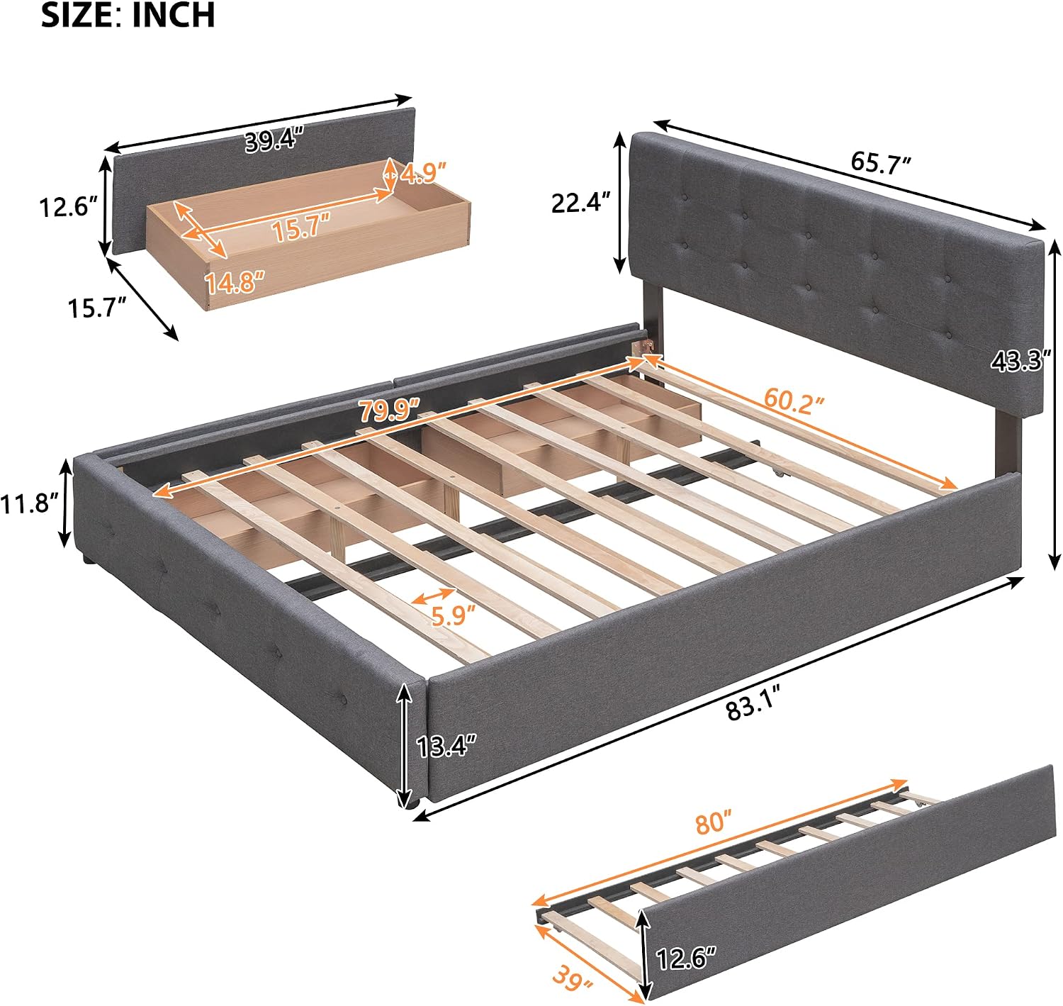 Merax Queen Size Upholstered Bed with 2 Storage Drawers and Twin XL Trundle, Solid Wood Platform Bed No Box Spring Needed, Dark Grey