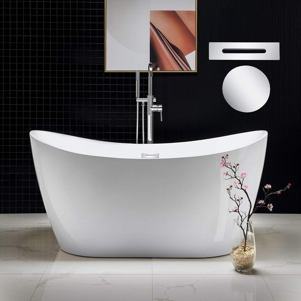 WOODBRIDGE 59' Acrylic Freestanding Bathtub Contemporary Soaking White Tub with Chrome Overflow and Drain，BTA1516-C-Drain-&O