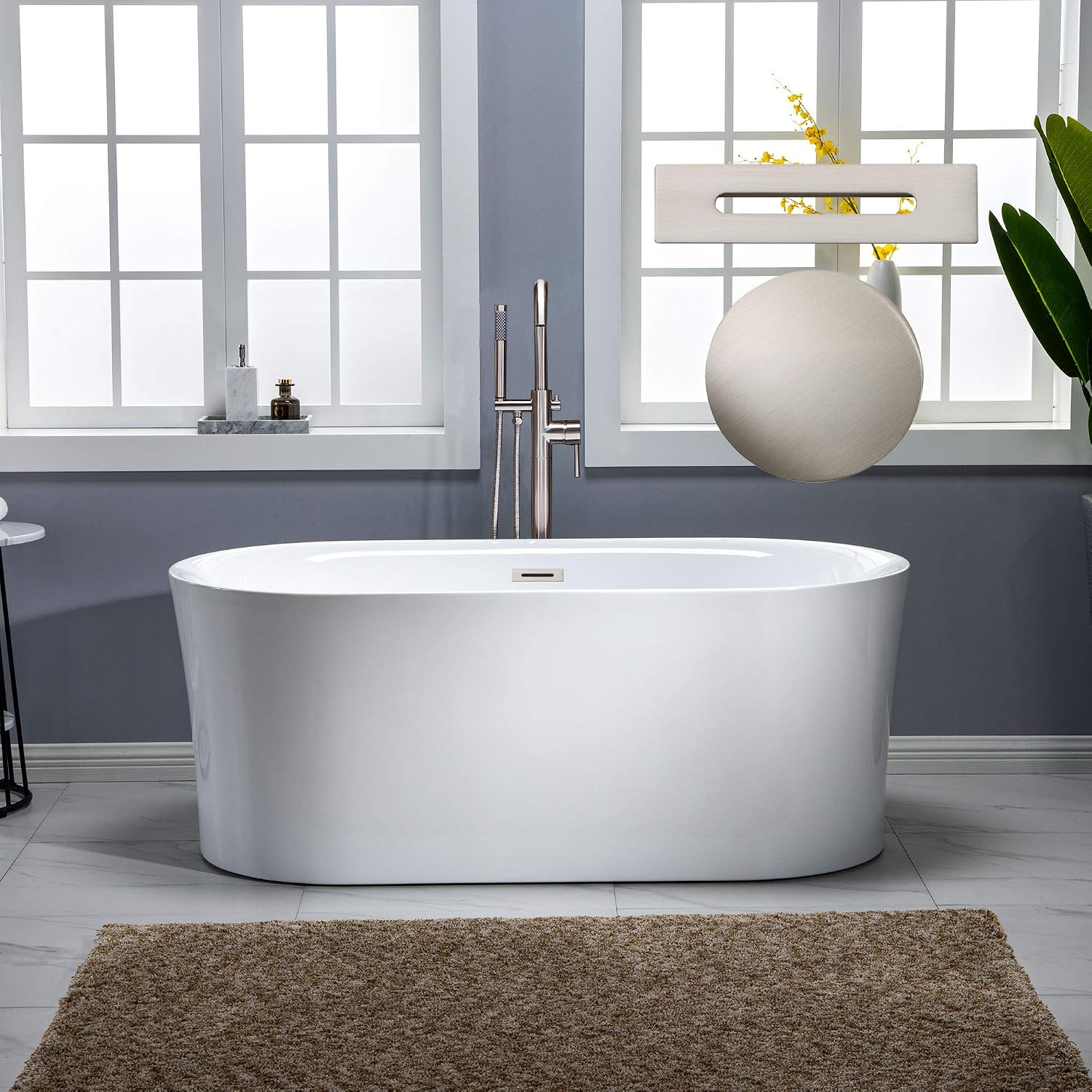 WOODBRIDGE 67' Acrylic Freestanding Bathtub Contemporary Soaking White Tub with Brushed Nickel Overflow and Drain,White,B0101-B