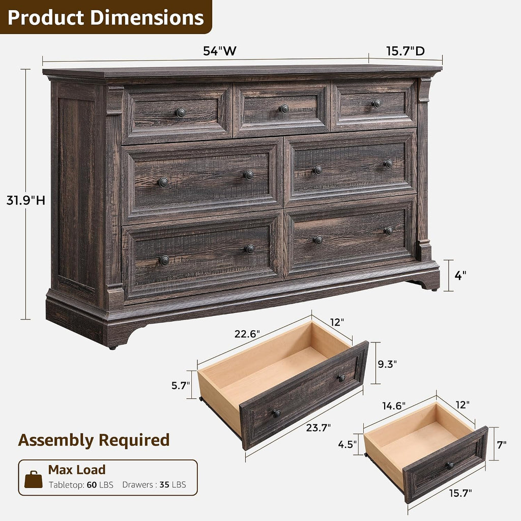 T4TREAM Farmhouse 7 Drawers Dresser for Bedroom, 54' Wide Wood Rustic Chest of Drawers w/Roman Column, Wooden Storage Dressers Organizer for Bedroom, Living Room, Closet, Dark Rustic Oak