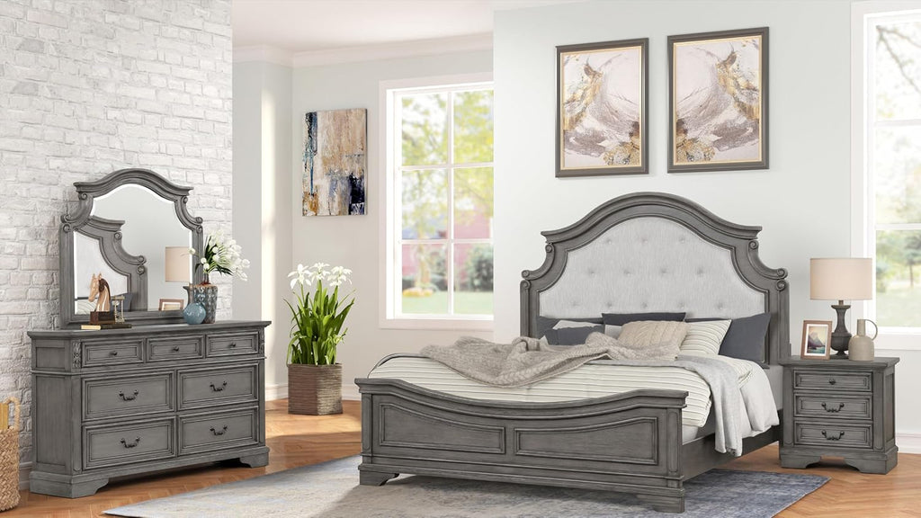Traditional Style King 4 Pc Bedroom Set Made with Wood in Rustic Gray
