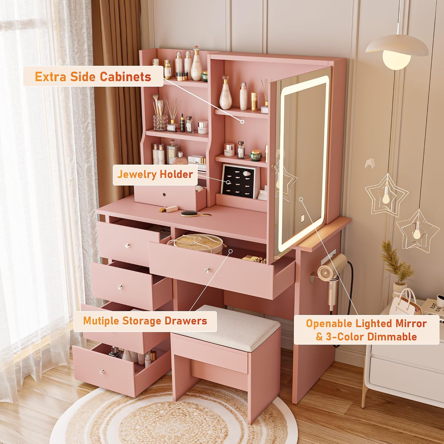 Vanity Desk with Mirror and LED Lights, Makeup Vanity Set with Power Outlet, and Stool,Jewelry Storage,Pink Vanity Desk for Bedroom