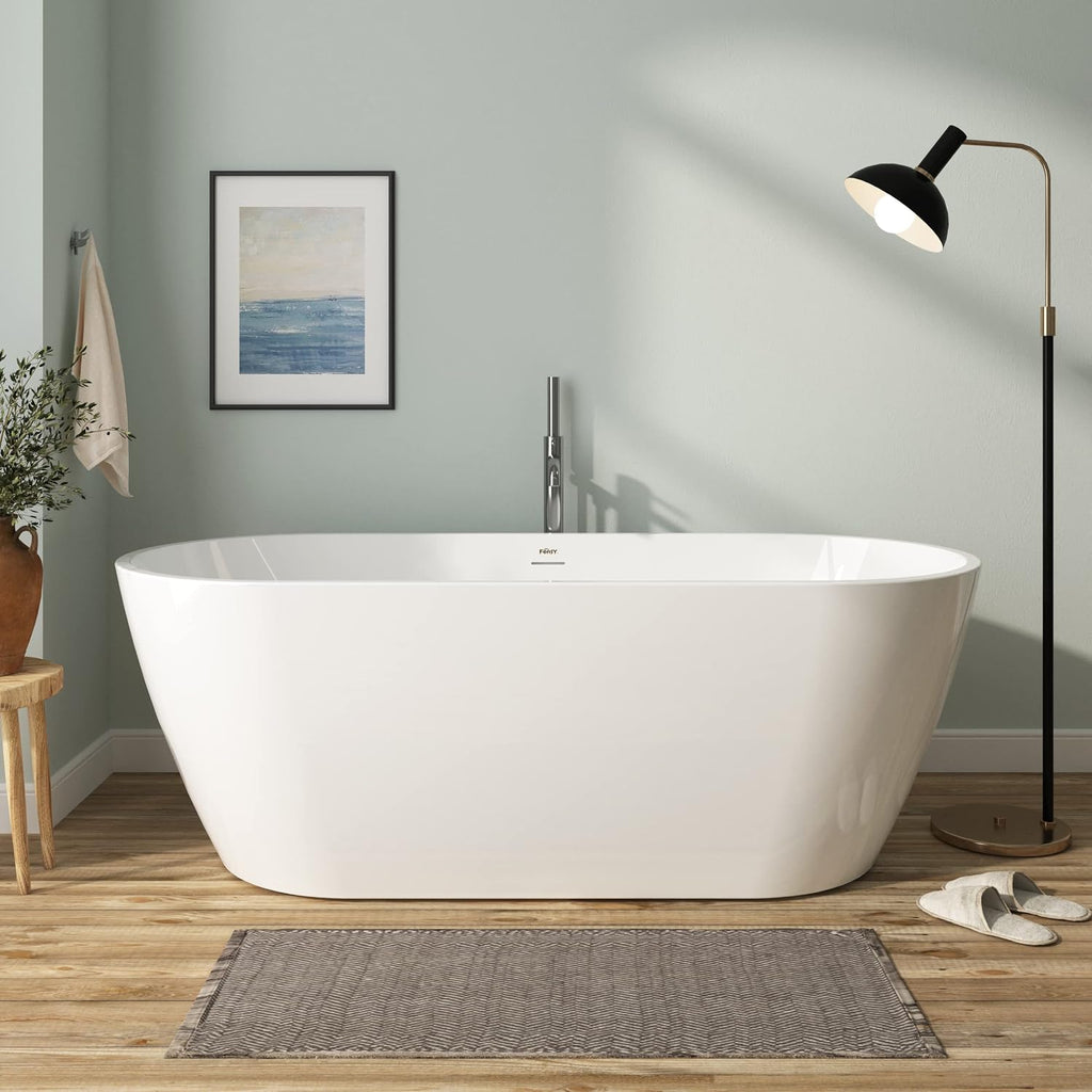 FerdY 67' Bali Acrylic Freestanding Bathtub, Gracefully Shaped Freestanding Soaking Bathtub, cUPC Certified, Toe-Tap Brushed Nickel Drain and Minimalist Linear Design Overflow Included