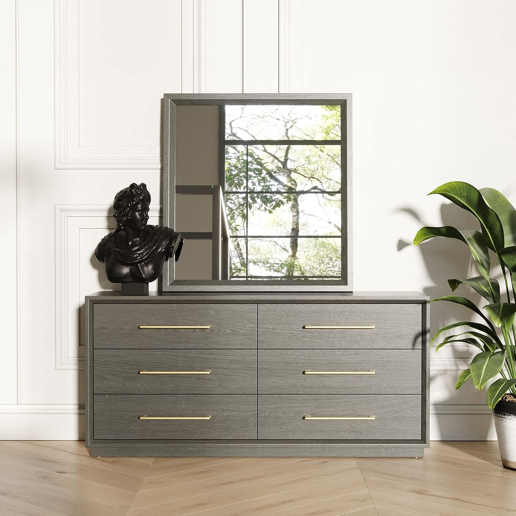 Limari Home Rochester Collection Contemporary Solid Wood and MDF 2 Nighstands, Dresser, Mirror & Polyester Fabric Upholstered Bed 5-Piece Bedroom Set, Eastern King, Grey, Off White, Gold