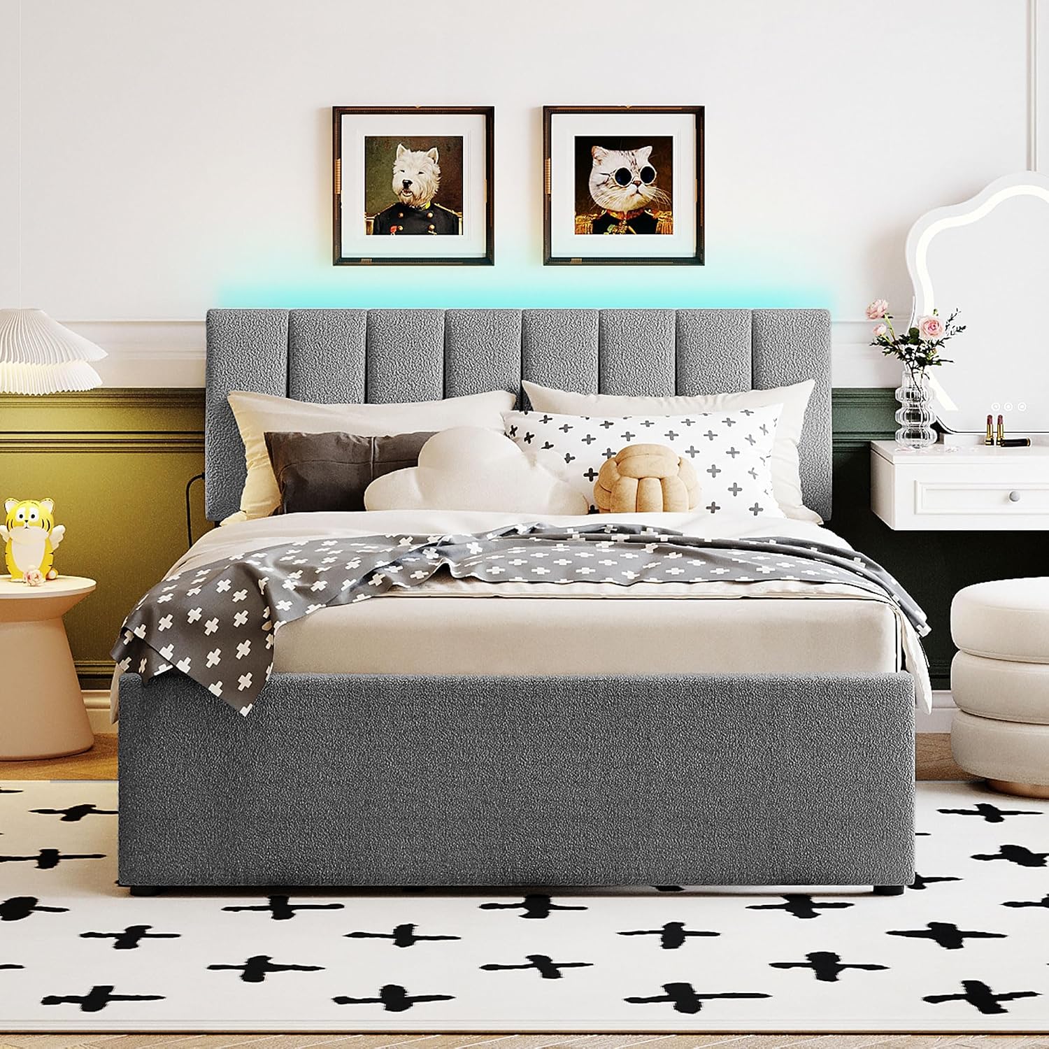 Ball & Cast Full Szie Upholstered Bed Frame with LED Light and Trundle,Teddy Fleece Platform Bed w/Channel Tufted Headboard &Wooden Slats Support,No Box Spring Needed, for Bedroom,Gray
