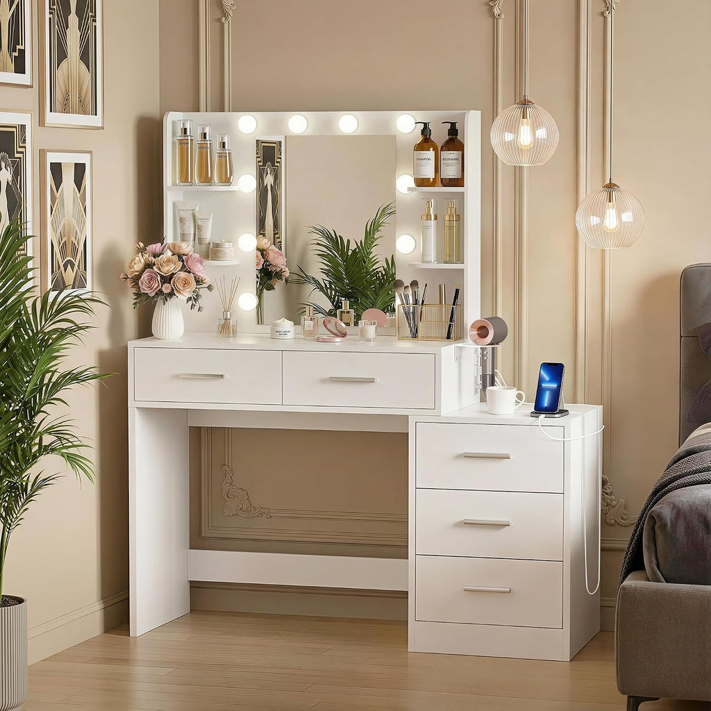 YESHOMY Makeup Vanity Desk with Mirror & Lights, Vanity Table with 5 Drawer, 6 Shelves, Charging Station for Bedroom, Dressing Room, Light White