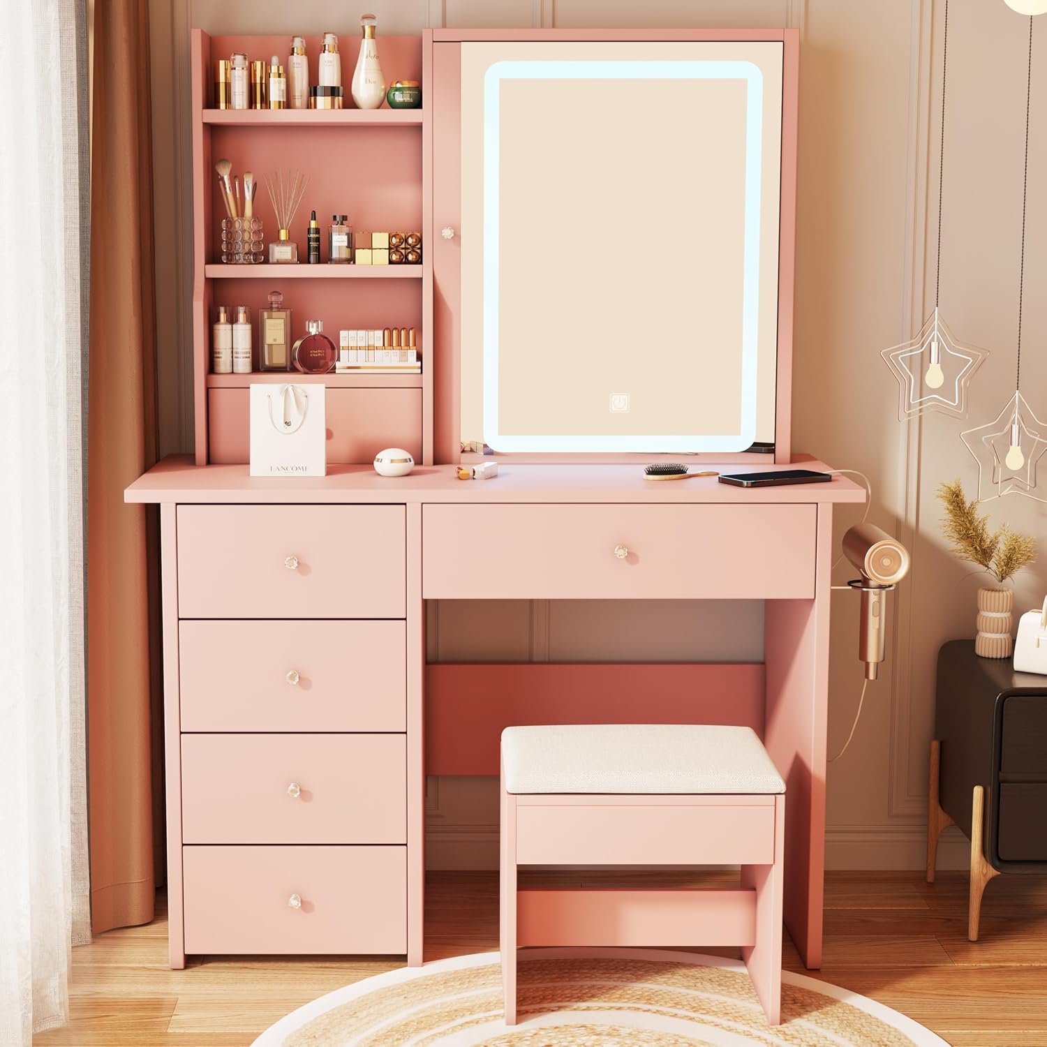 Vanity Desk with Mirror and LED Lights, Makeup Vanity Set with Power Outlet, and Stool,Jewelry Storage,Pink Vanity Desk for Bedroom