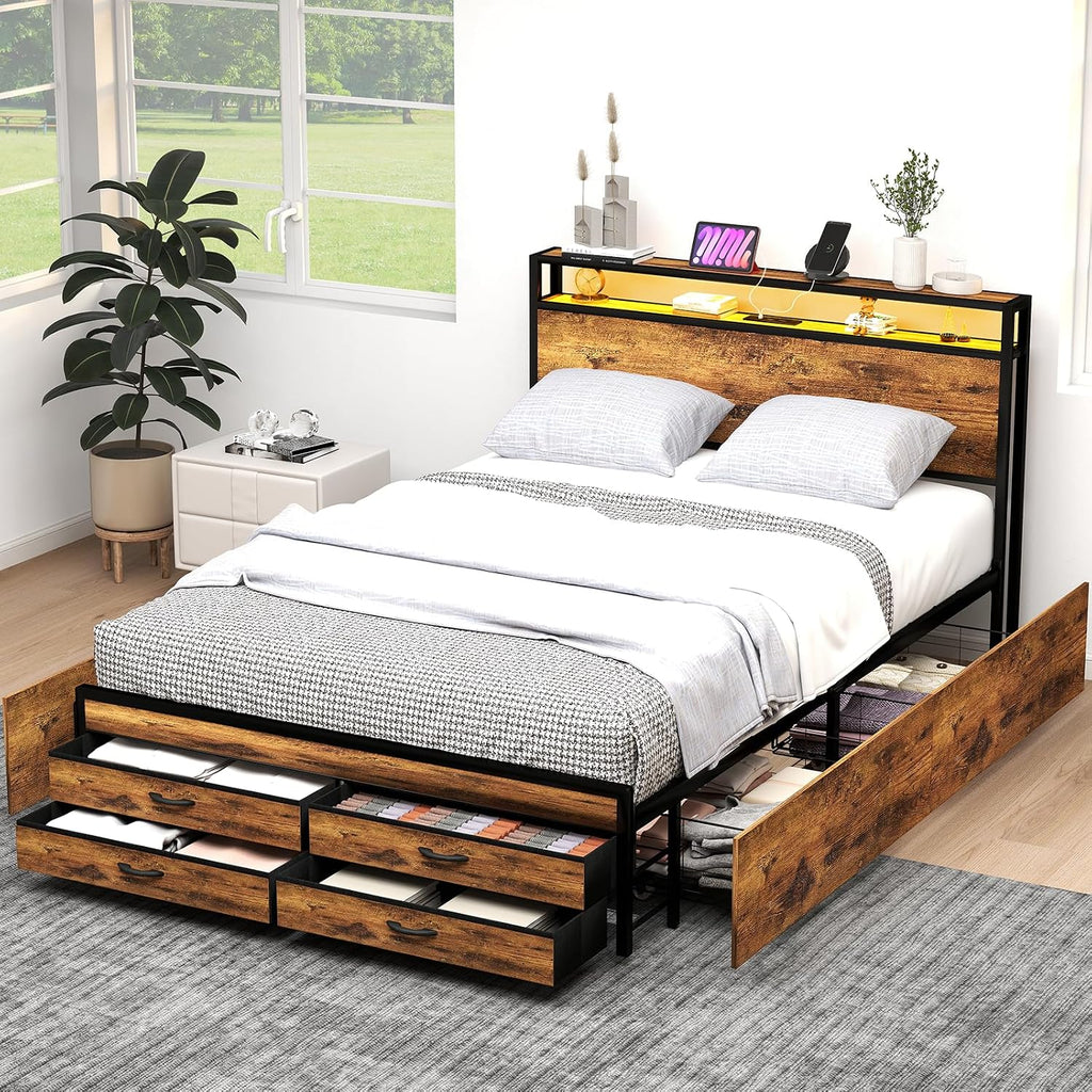 Zevemomo Queen Size Bed Frame with 8 Storage Drawers, Sturdy Queen Platform Bed with Wooden Headboard & Footboard, Noise-Free Design, No Box Spring Required, Brown