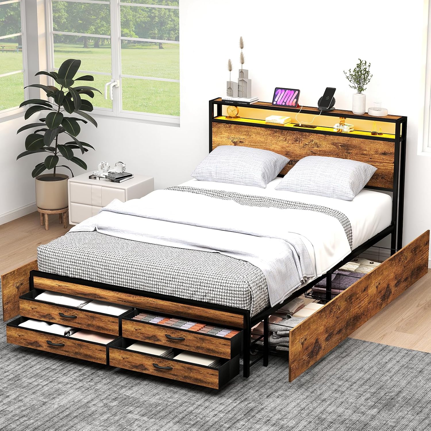 Zevemomo Queen Size Bed Frame with 8 Storage Drawers, Sturdy Queen Platform Bed with Wooden Headboard & Footboard, Noise-Free Design, No Box Spring Required, Brown