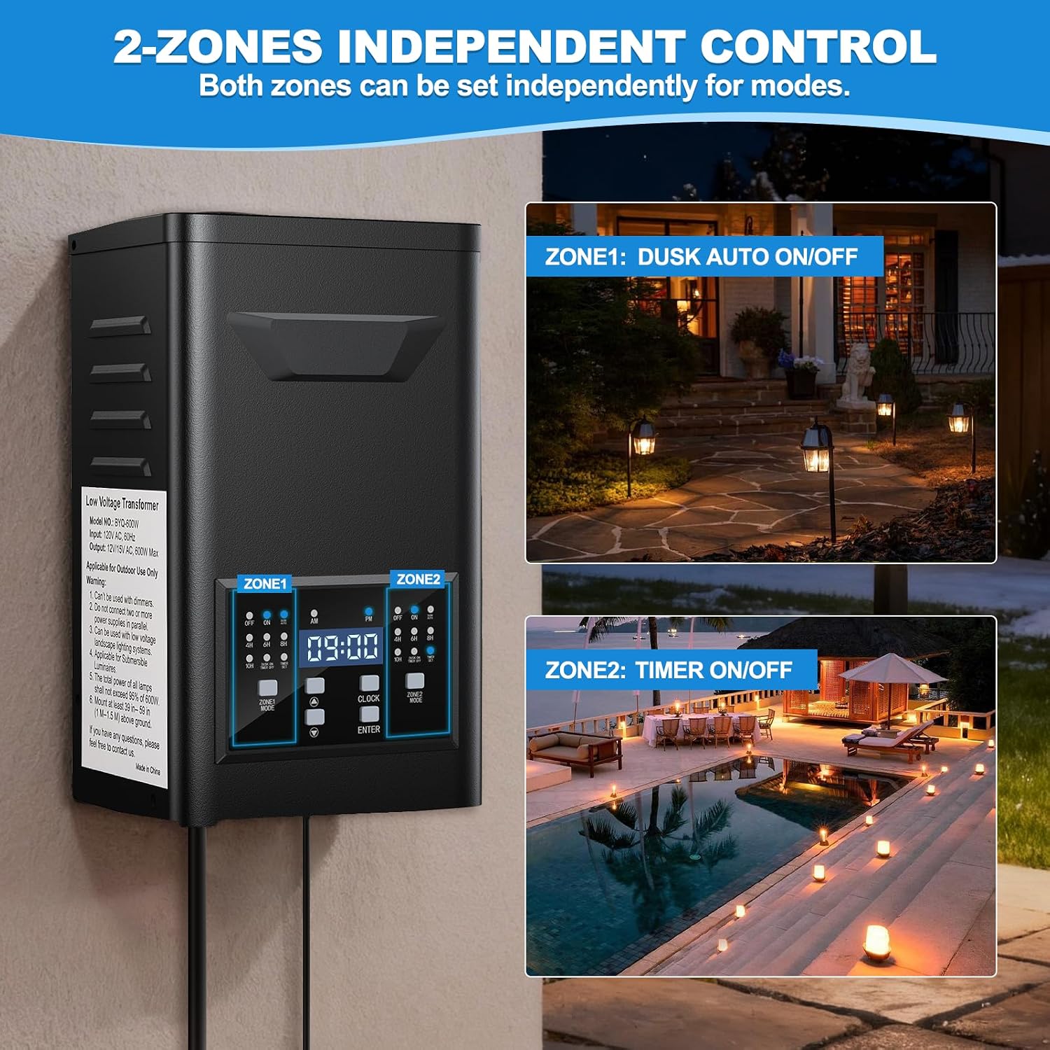 500W Low Voltage Landscape Transformer, 2 Zone Independent Timer & Photocell, 120V to 12V/15V AC, Stainless Steel Weatherproof Outdoor Landscape Lighting Transformer for Yard Garden Pathway Lights