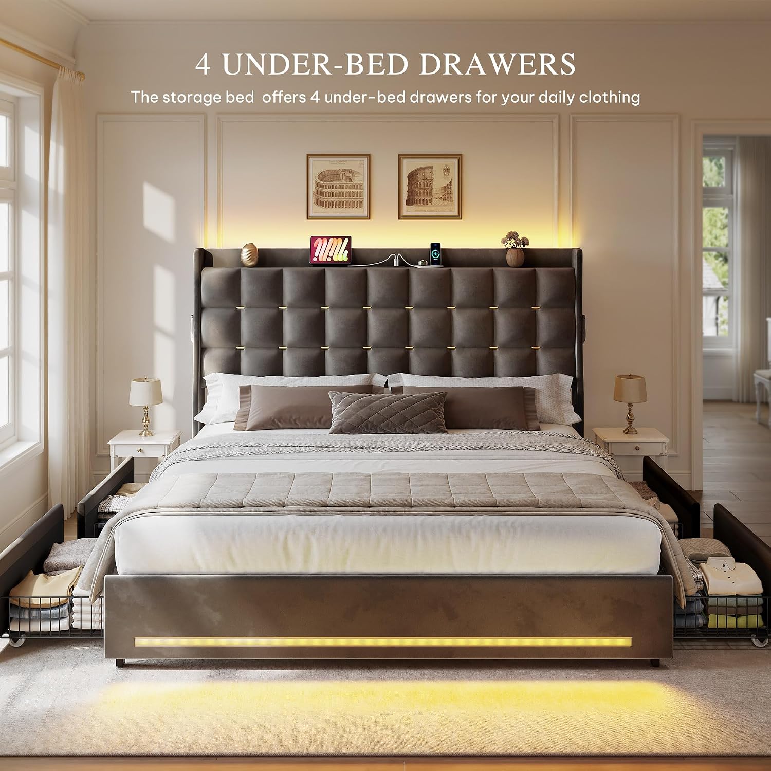 YITAHOME Queen Size Bed Frame with 4 Drawers and RGB LED Lights, Velvet Upholstered Platform Bed with Charging Station and Storage Headboard, No Box Spring Needed, Easy Assembly, Noise-Free, Grey