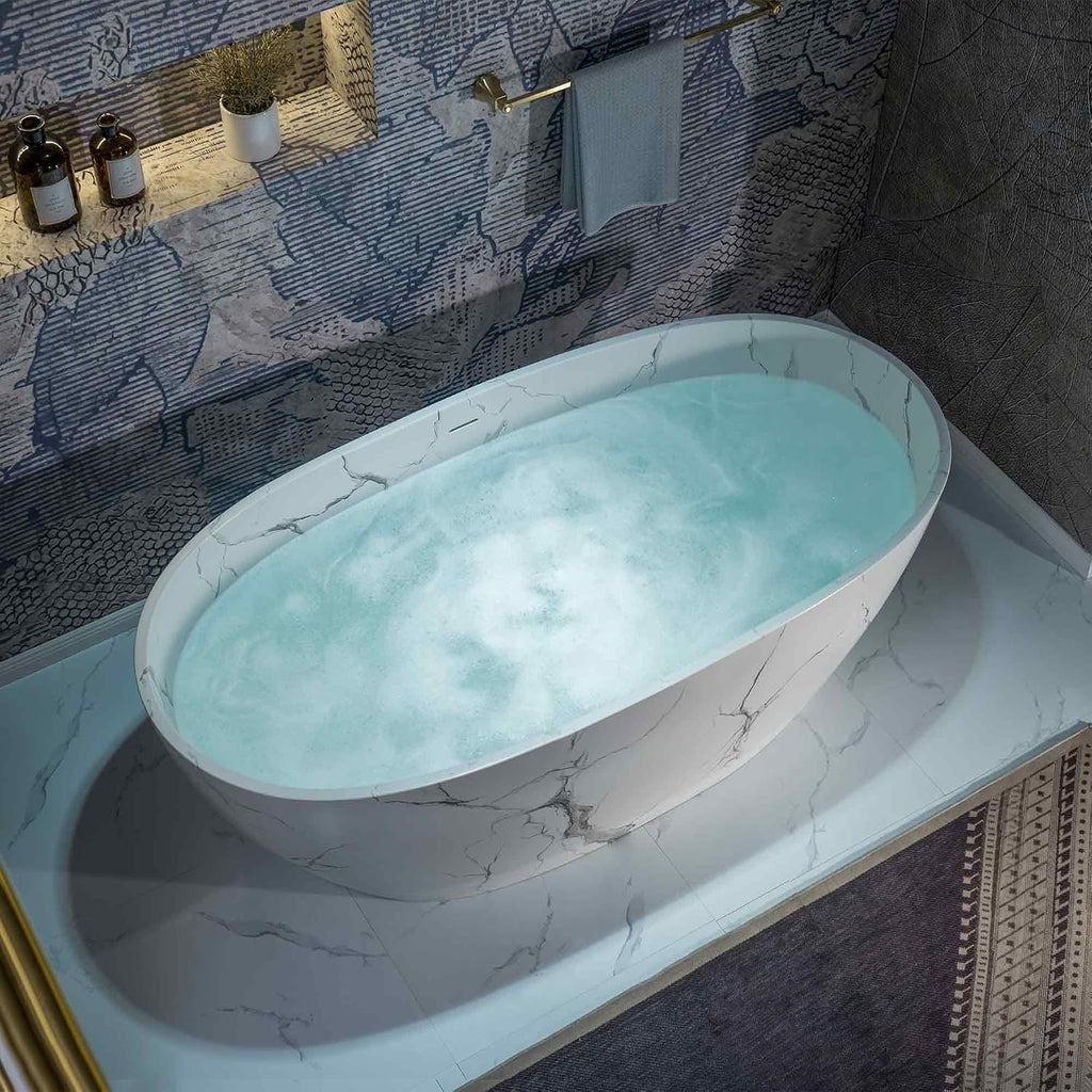 WOODBRIDGE 63' Marble-Pattern Stone Resin Freestanding Soaking Tub, Modern Oval Solid Surface Bathtub with Integrated Slotted Overflow & Drain, Matte Finish, CST0744