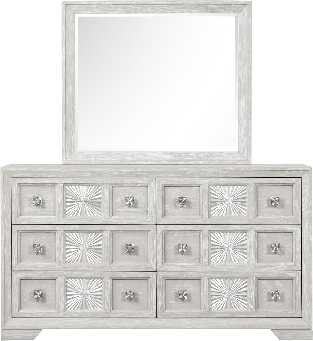 Furniture of America Narella Modern Wood 5-Piece Bedroom Set with Sunburst Pattern, Nickel Brushed Wire Hardware, Felt-Lined Top Drawers, Bracketed Feet, Box Spring Needed, Queen, Light Gray