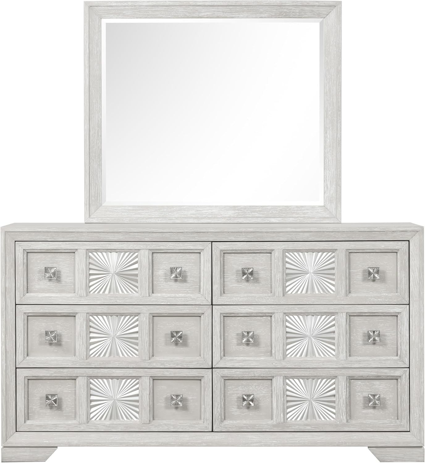 Furniture of America Narella Modern Wood 5-Piece Bedroom Set with Sunburst Pattern, Nickel Brushed Wire Hardware, Felt-Lined Top Drawers, Bracketed Feet, Box Spring Needed, Queen, Light Gray