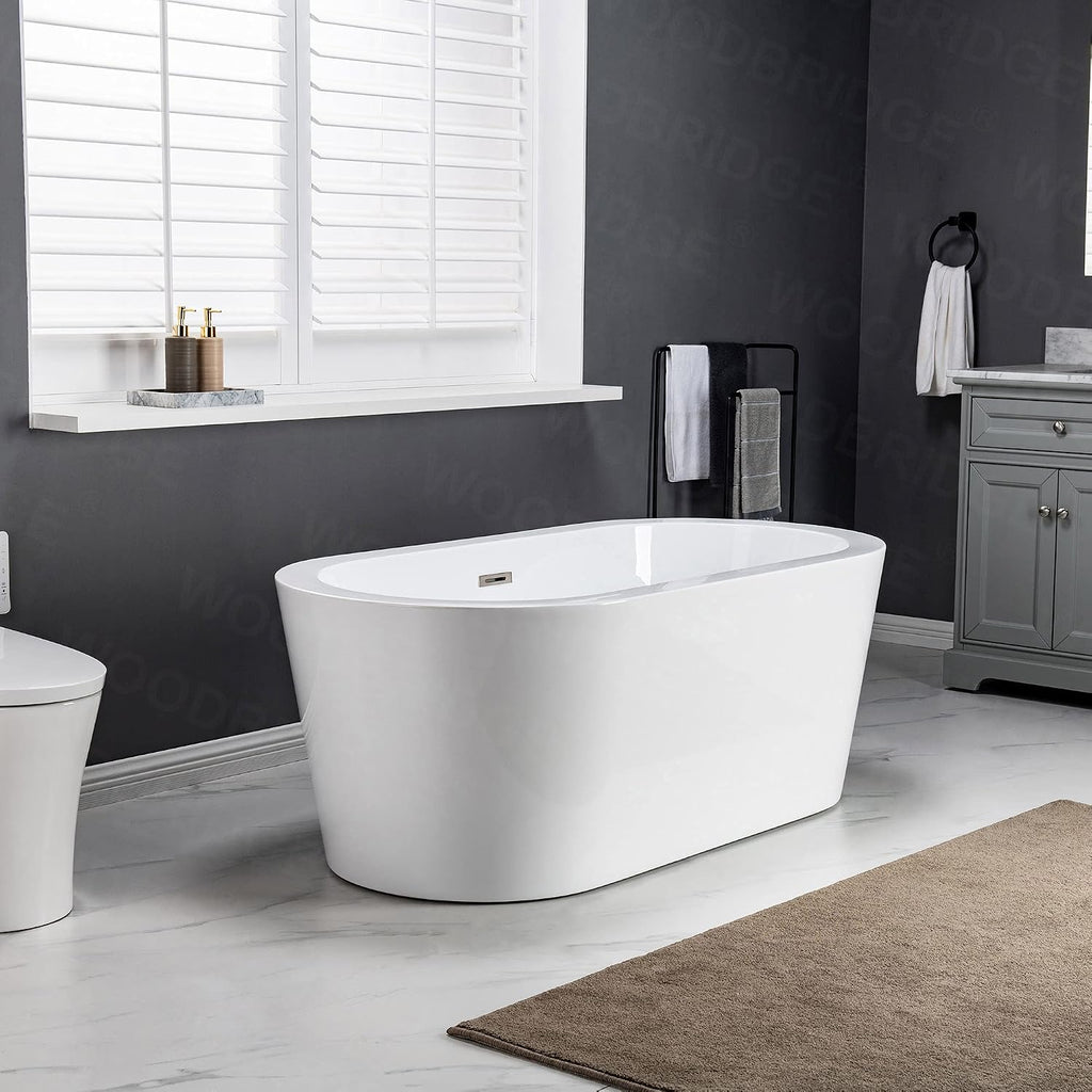 WOODBRIDGE 59' Acrylic Freestanding Bathtub Contemporary Soaking White Tub with Brushed Nickel Overflow and Drain，B0012 -B/N-Drain &O