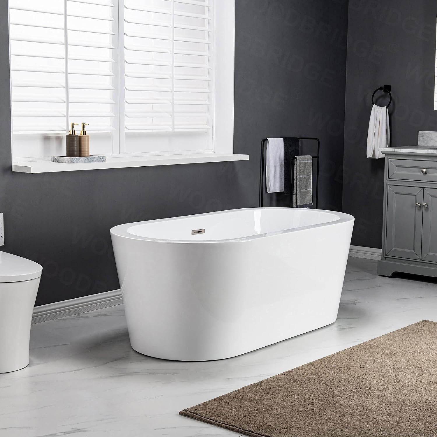 WOODBRIDGE 59' Acrylic Freestanding Bathtub Contemporary Soaking White Tub with Brushed Nickel Overflow and Drain，B0012 -B/N-Drain &O