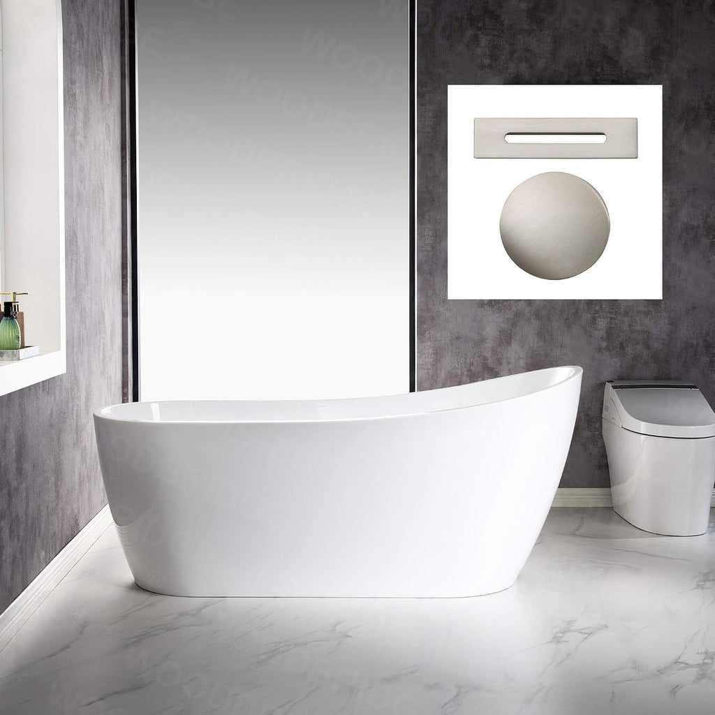 WOODBRIDGE 67'Freestanding White Acylic Soaking Bathtub with White Pillow,Drain and Overflow in Brushed Nickel,BTA1508 -B/N-Drain &O+ Pillow
