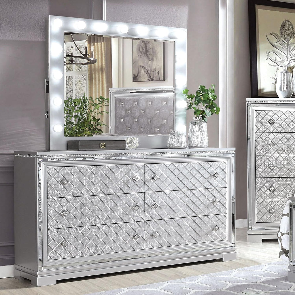 MASARA 4-Piece Queen Bedroom Set, Glam Silver with Tufted Velvet Headboard, LED Mirror, USB Charging