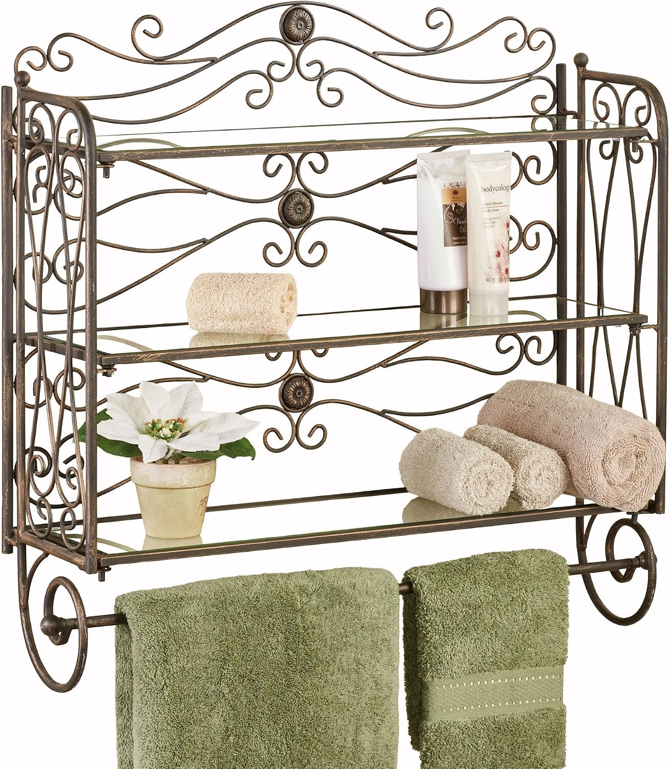 Touch of Class Kadalynn Wall Bathroom Shelf with Towel Bar - Antique Bronze - Handcrafted Metal - Decorative Storage - Mounted Rack Organizer - 3 Shelves - 24 Inches High