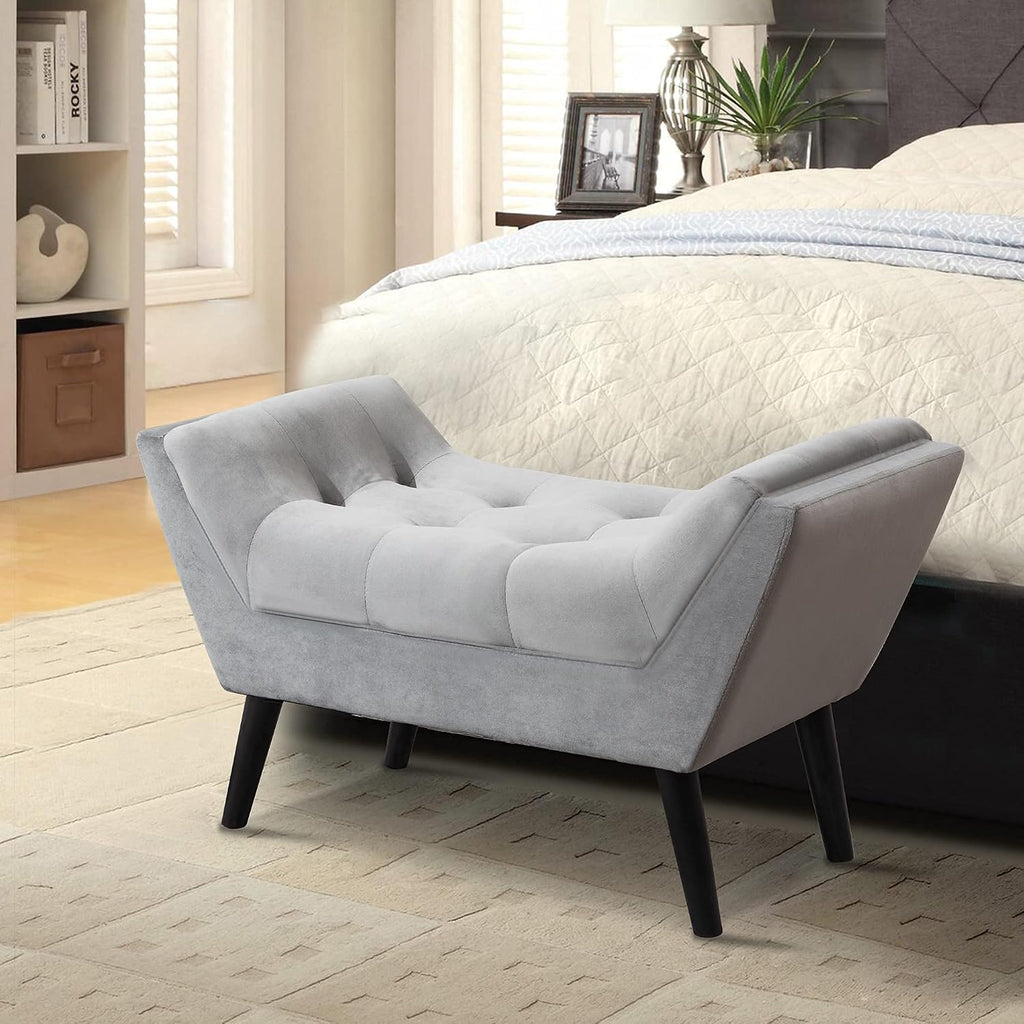 Andeworld Upholstered Tufted Small Cute Bench Ottoman for Entryway Foyer Bathroom Vanity Bedroom (One Seater, Velvet Grey)