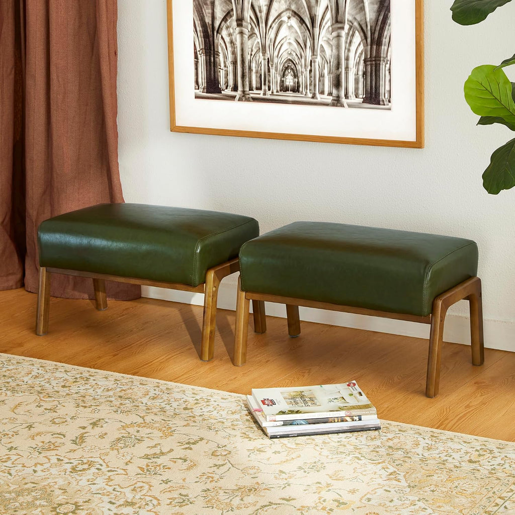 Glitzhome Foot Stool Ottoman Set of 2, Modern Leatherette Sofa Stool Vanity Chair with Rubber Wood Frame, Footrest Ottoman Bench for Living Room, Entryway, Hunter Green