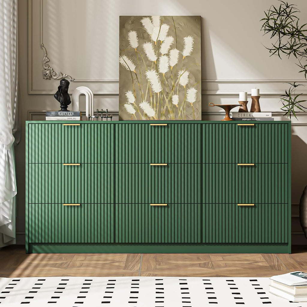 MAISONARIA 3-Piece Dresser Bedroom Set, 9 Drawer Dresser & 3 Drawer Nightstands with Gold Handles, Fluted Wood Chest of Drawers for Bedroom, Living Room, Entryway, Green