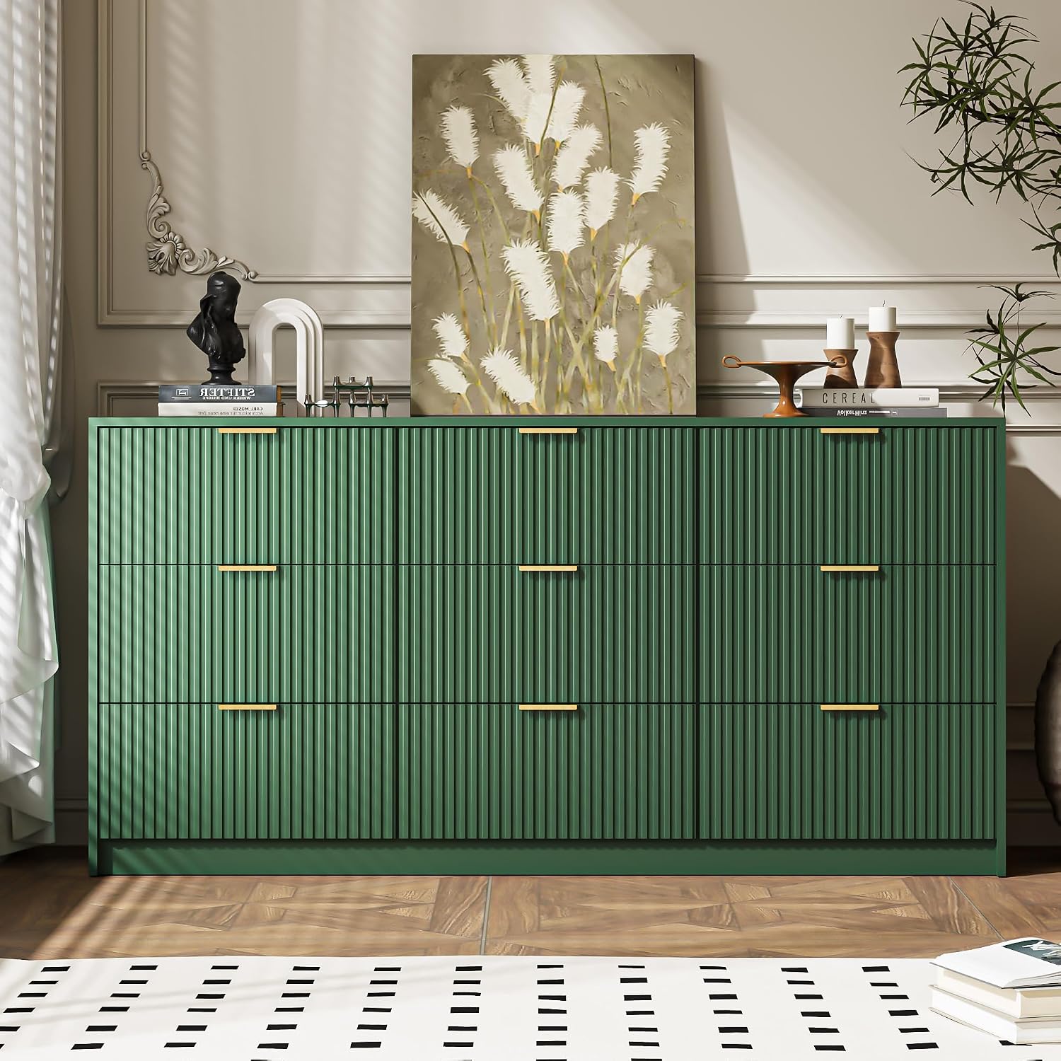 MAISONARIA 3-Piece Dresser Bedroom Set, 9 Drawer Dresser & 3 Drawer Nightstands with Gold Handles, Fluted Wood Chest of Drawers for Bedroom, Living Room, Entryway, Green