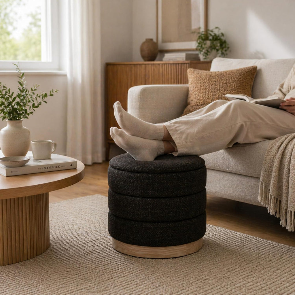 Ottoman Collection Stylish Linen Cylinder Storage Chocolate Round Footrest Vanity Stool Furniture Living Room Small Bench 16' L X16 W X 17' H